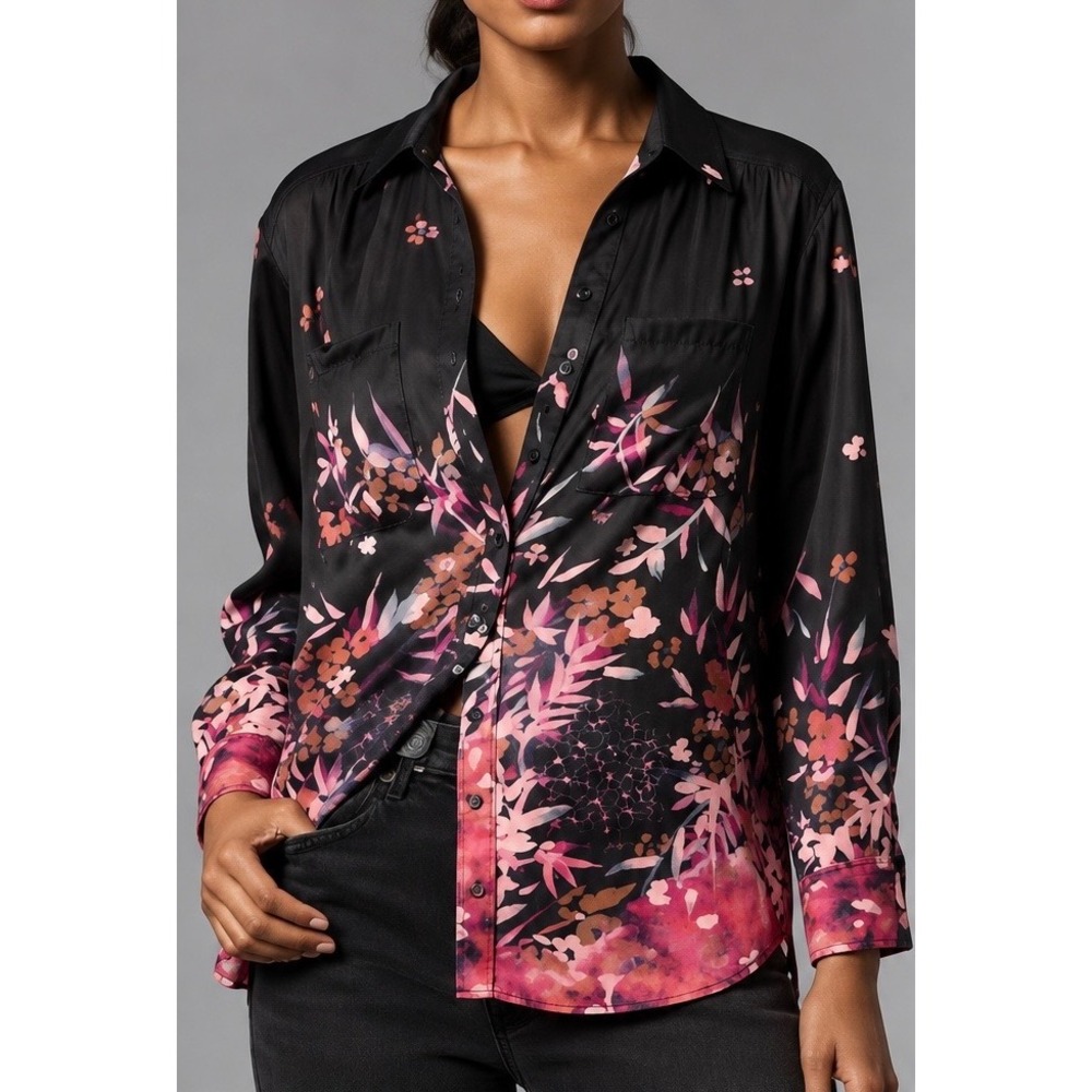 Anthropologie Floral Button Down Shirt Medium Black Pink Long Sleeve Blouse